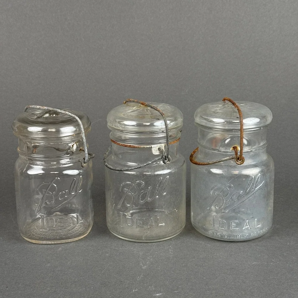 Ball Ideal Vintage Glass Canning Jars Clear Wire Bail - Lot of 3